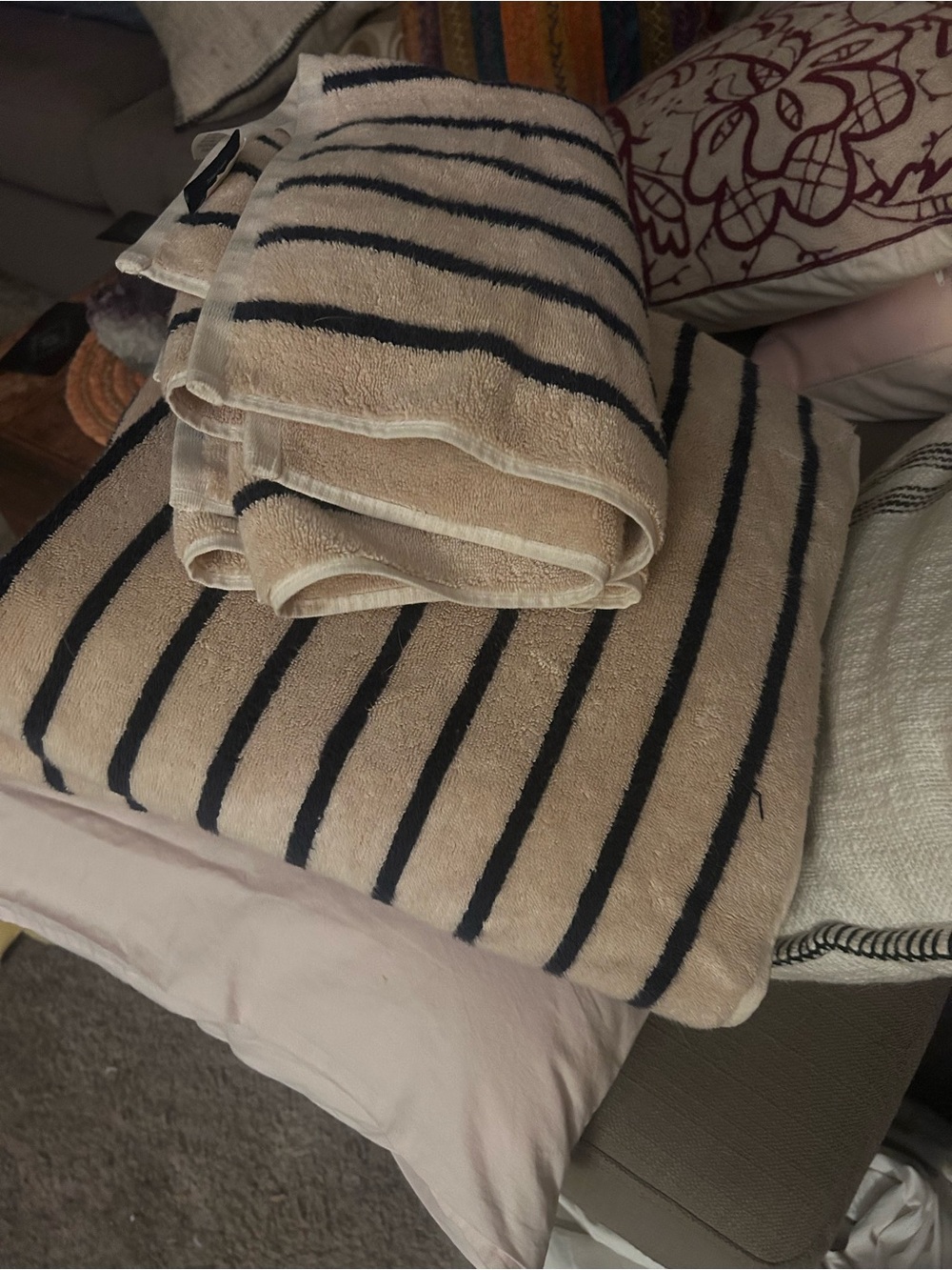 Brooklinen Striped Beige and Navy set of Bath and hand super plush towels